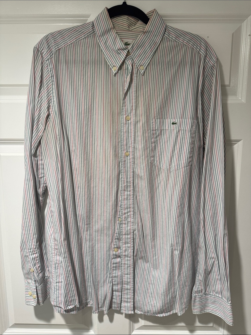 Lacoste White Button-Down Shirt with Green and Pink Stripes